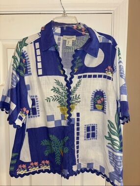 Calypso St. Barth Blue & White Botanical Tile Print Blouse large